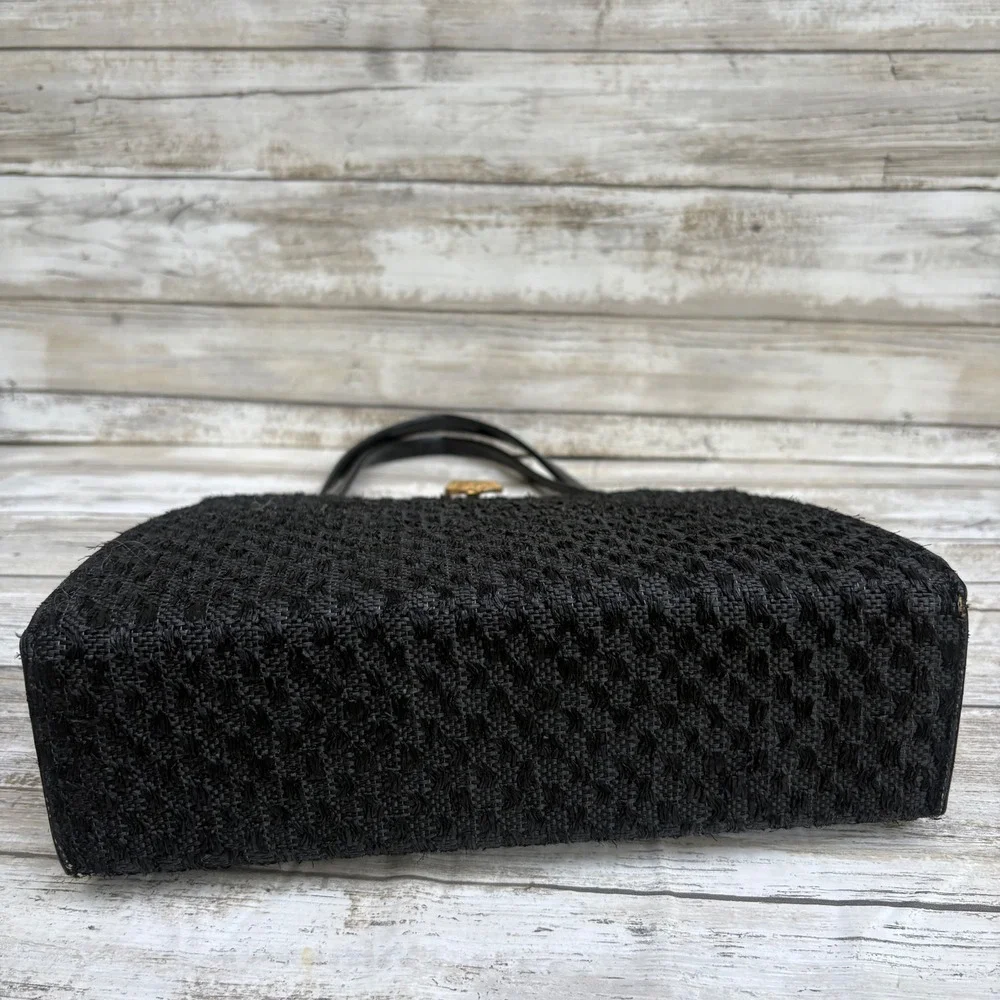 VTG Woven Fabric Framed Box Purse Handbag Small Black Gold Clasp 50s 60s Retro